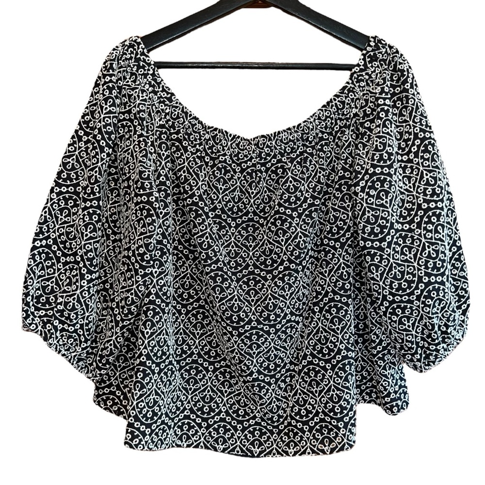 Express Baby Doll Off The Shoulder Top Womens XL Black White Eyelet‎ Lined